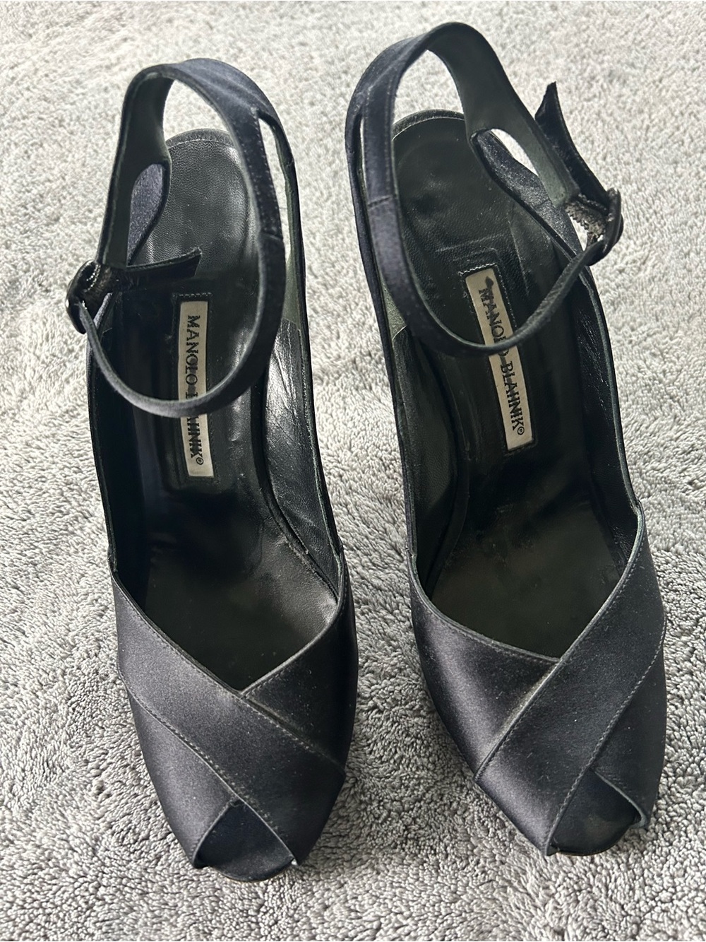 Manolo Blahnik Black Satin Peep-Toe Heels with Ankle Strap